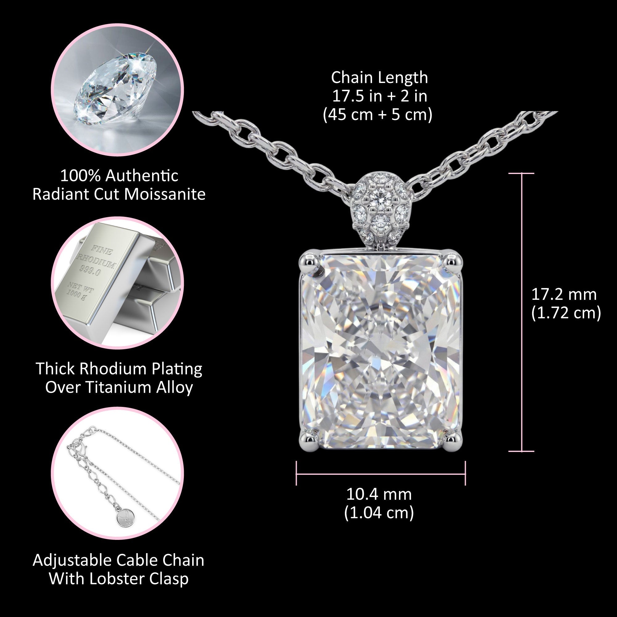 5CT (10mm) Radiant Cut Moissanite Diamond Necklace