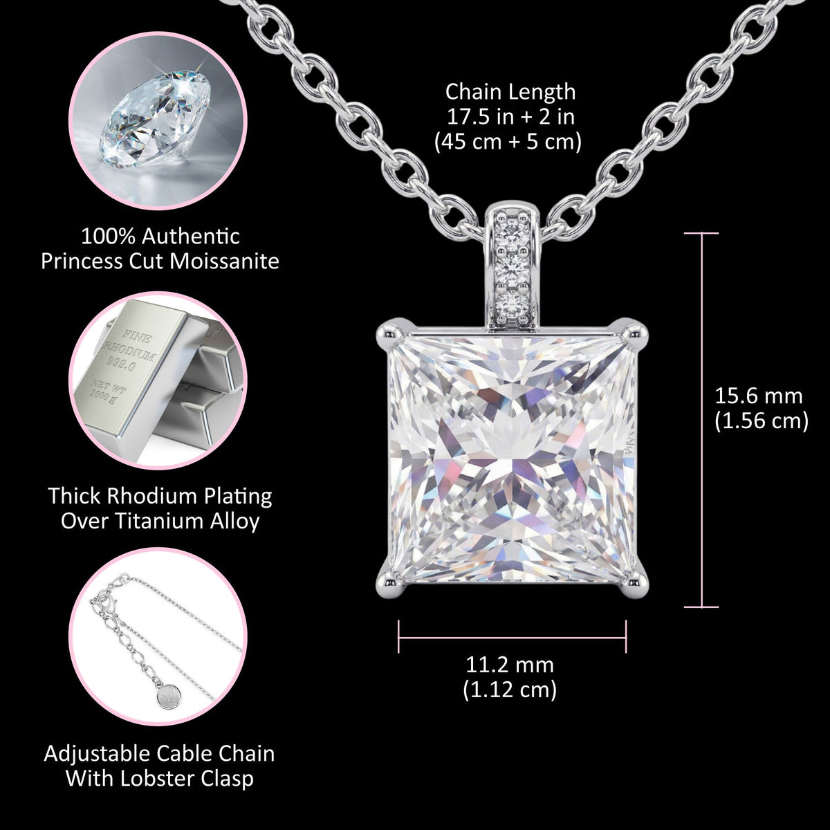 5CT (10mm) Princess Cut Moissanite Diamond Necklace