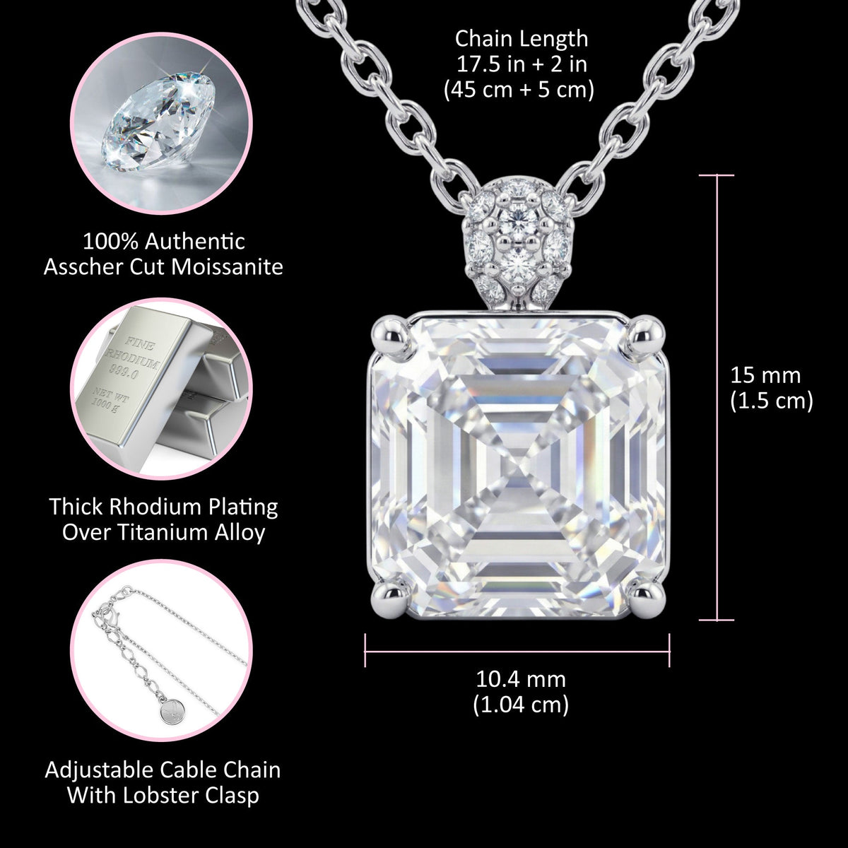 5CT (10mm) Asscher Cut Moissanite Diamond Necklace