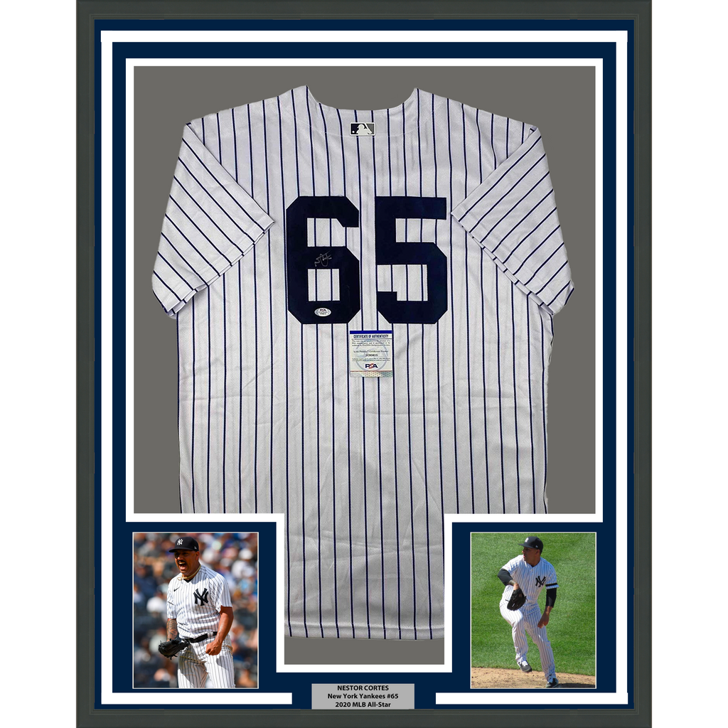 Framed Autographed/Signed Nestor Cortes 35x39 New York Pinstripe Baseball Jersey PSA/DNA COA