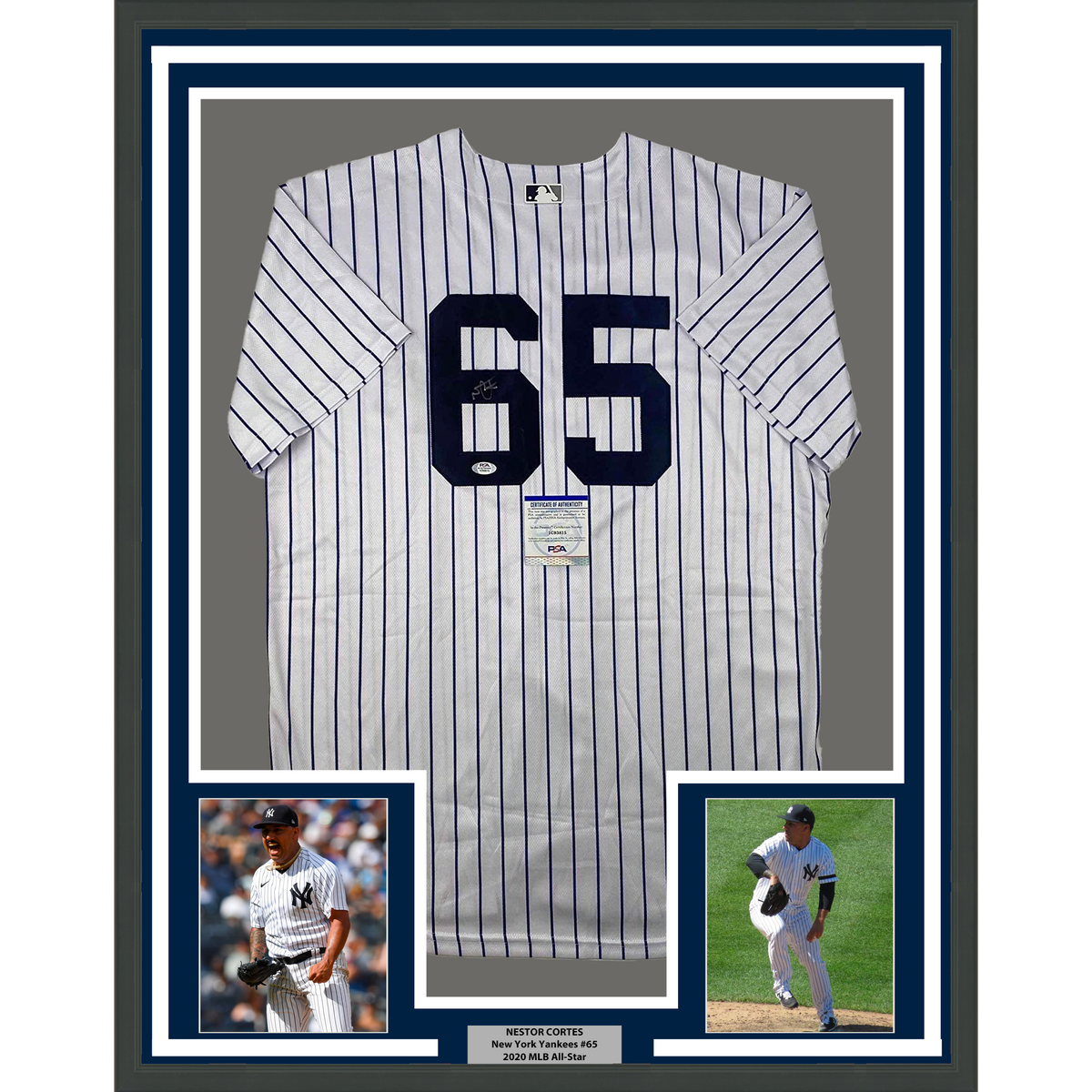 Framed Autographed/Signed Nestor Cortes 35x39 New York Pinstripe Baseball Jersey PSA/DNA COA