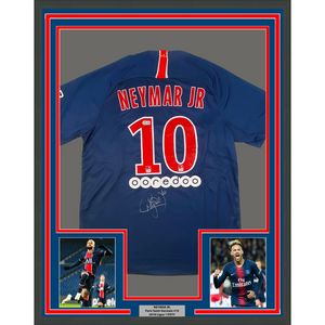 Framed Autographed/Signed Neymar Jr. 35x39 PSG Paris Saint-Germain Blue Soccer Futbol Jersey Beckett BAS COA