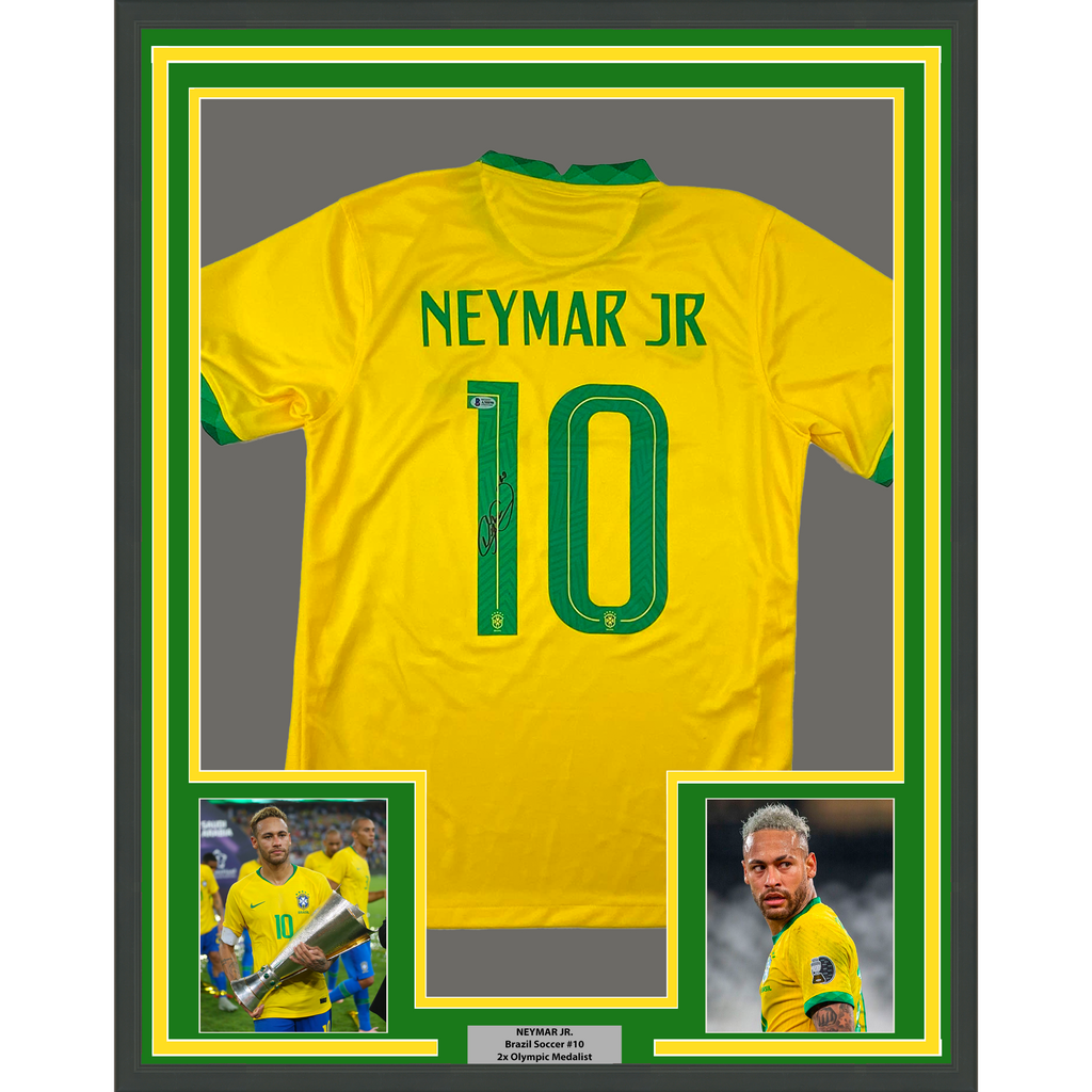 Framed Autographed/Signed Neymar Jr. 35x39 Brazil Soccer Futbol Jersey Beckett BAS COA/LOA