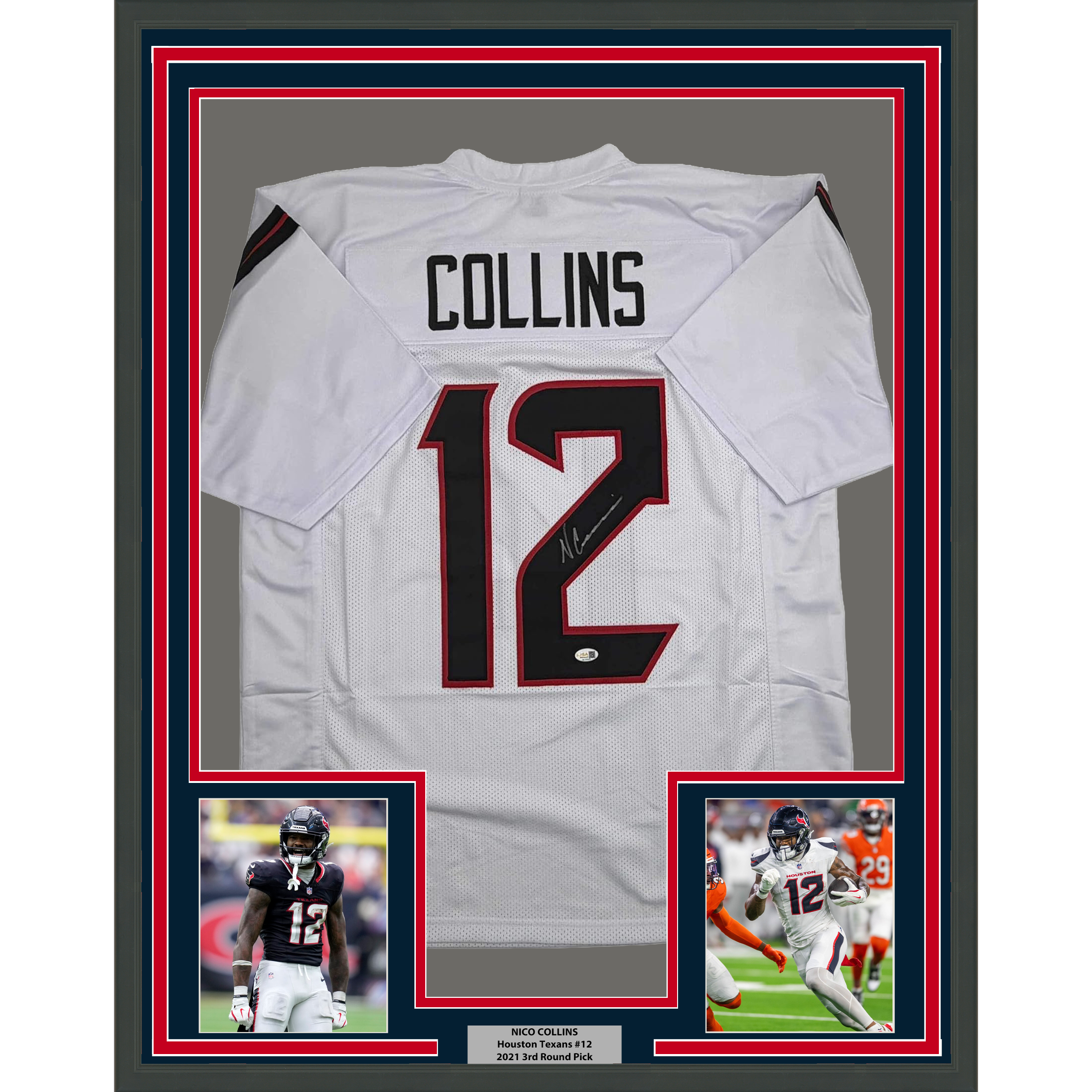 Framed Autographed/Signed Nico Collins 35x39 Houston White Football Jersey JSA COA