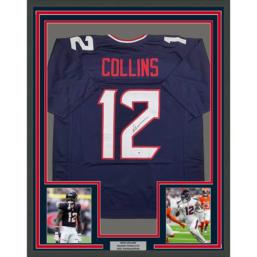 Framed Autographed/Signed Nico Collins 35x39 Houston Blue Current Football Jersey JSA COA