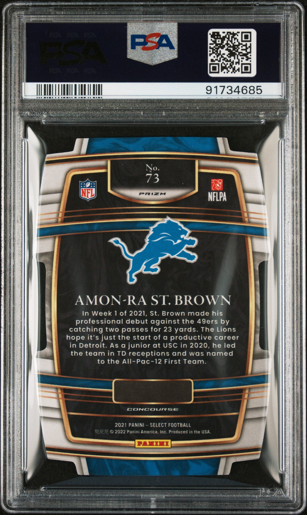 Graded 2021 Panini Select Amon-Ra St. Brown #73 Die Cut Red/Blue Prizm Rookie RC Football Card PSA 10 Gem Mint