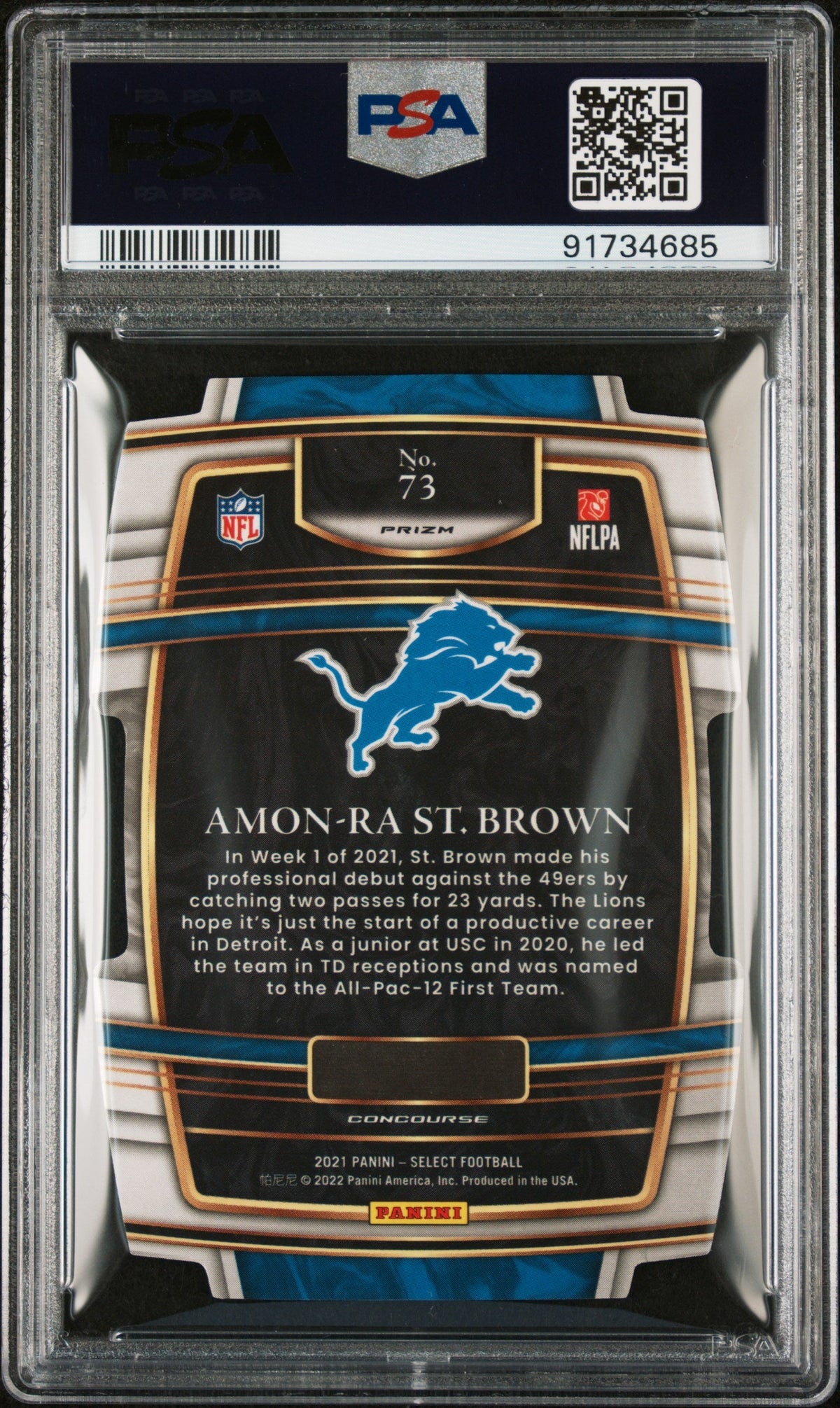 Graded 2021 Panini Select Amon-Ra St. Brown #73 Die Cut Red/Blue Prizm Rookie RC Football Card PSA 10 Gem Mint