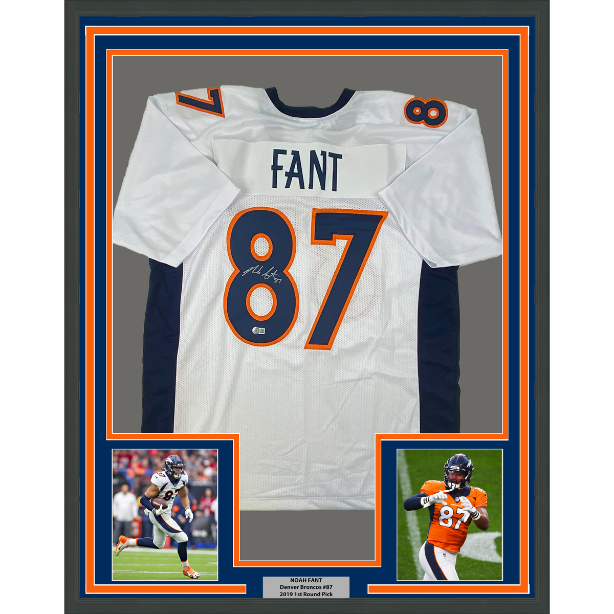 Framed Autographed/Signed Noah Fant 35x39 Denver White Football Jersey Beckett BAS COA