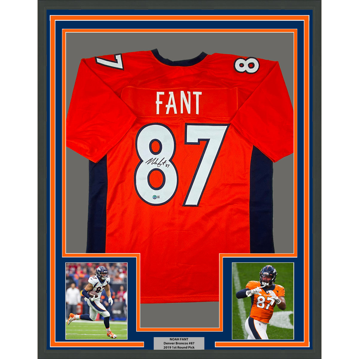 Framed Autographed/Signed Noah Fant 35x39 Denver Orange Football Jersey Beckett BAS COA
