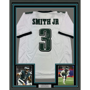 Framed Autographed/Signed Nolan Smith Jr. 35x39 Philadelphia White Football Jersey Beckett BAS COA