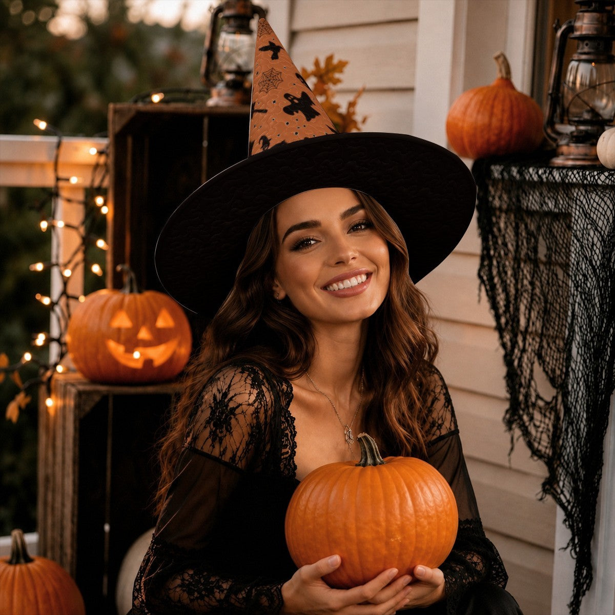 Personalized Halloween Witch Hat with Custom Name – Orange Halloween Pattern Costume Hat for Adults & Teens