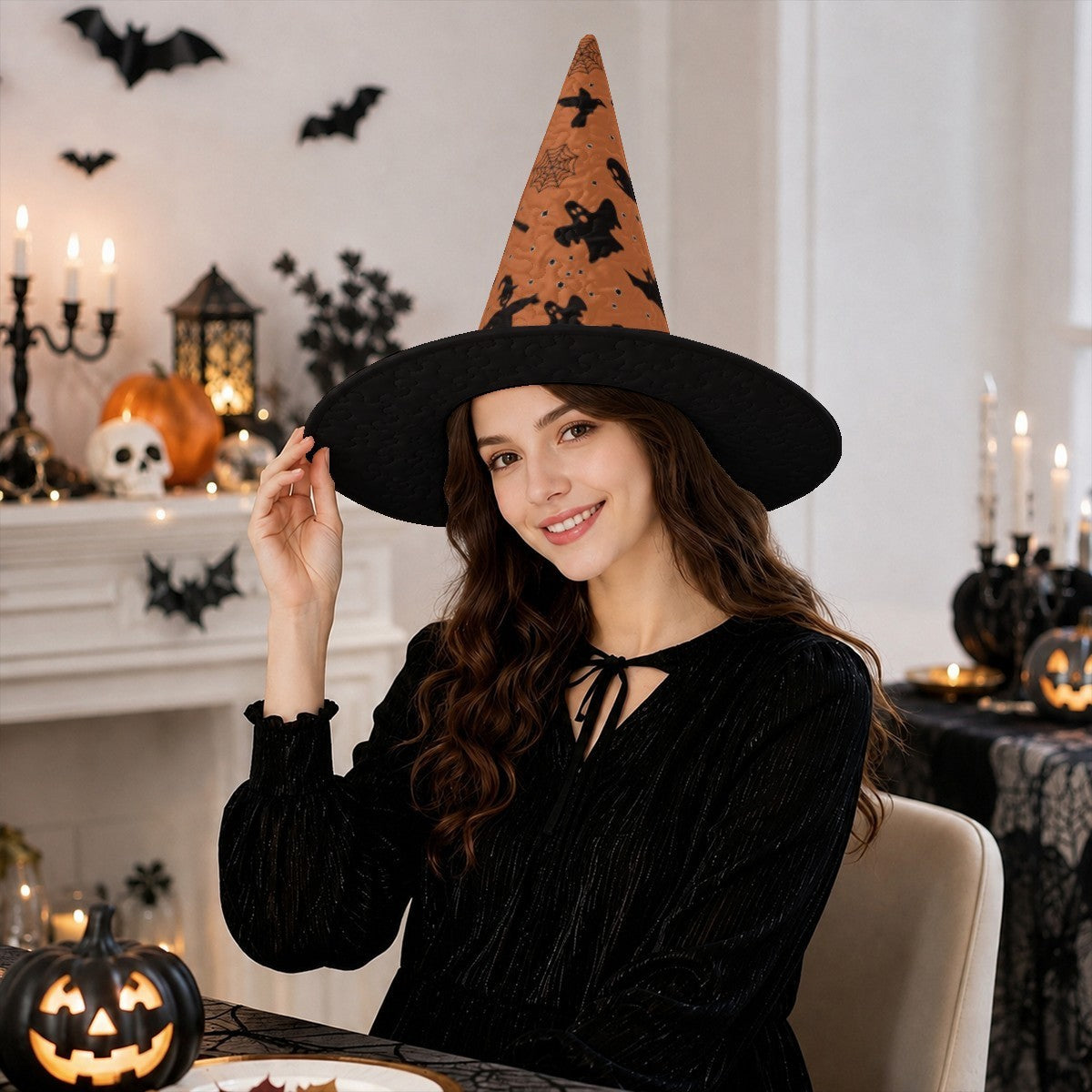 Personalized Halloween Witch Hat with Custom Name – Orange Halloween Pattern Costume Hat for Adults & Teens
