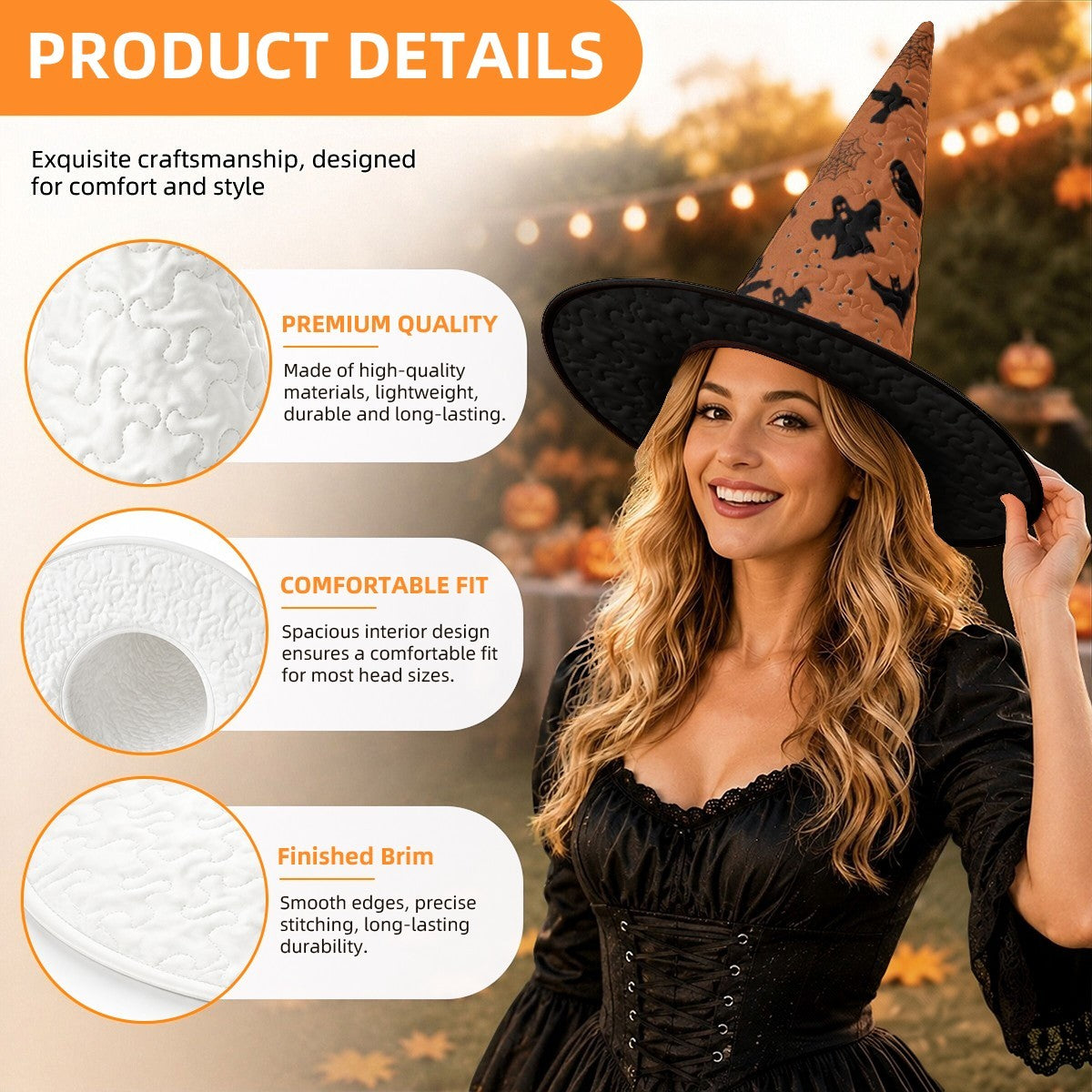 Personalized Halloween Witch Hat with Custom Name – Orange Halloween Pattern Costume Hat for Adults & Teens