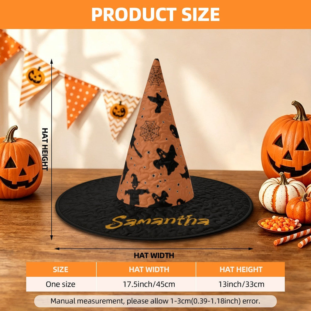Personalized Halloween Witch Hat with Custom Name – Orange Halloween Pattern Costume Hat for Adults & Teens