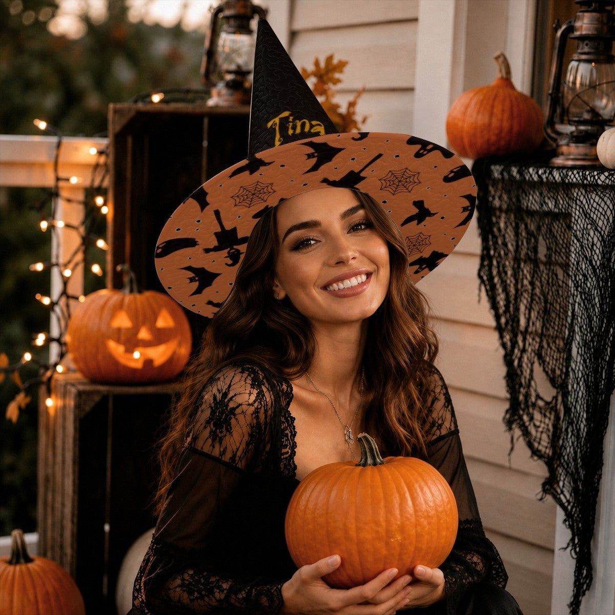 Personalized Halloween Witch Hat with Custom Name – Flying Witches Pattern Costume Hat for Adults & Teens