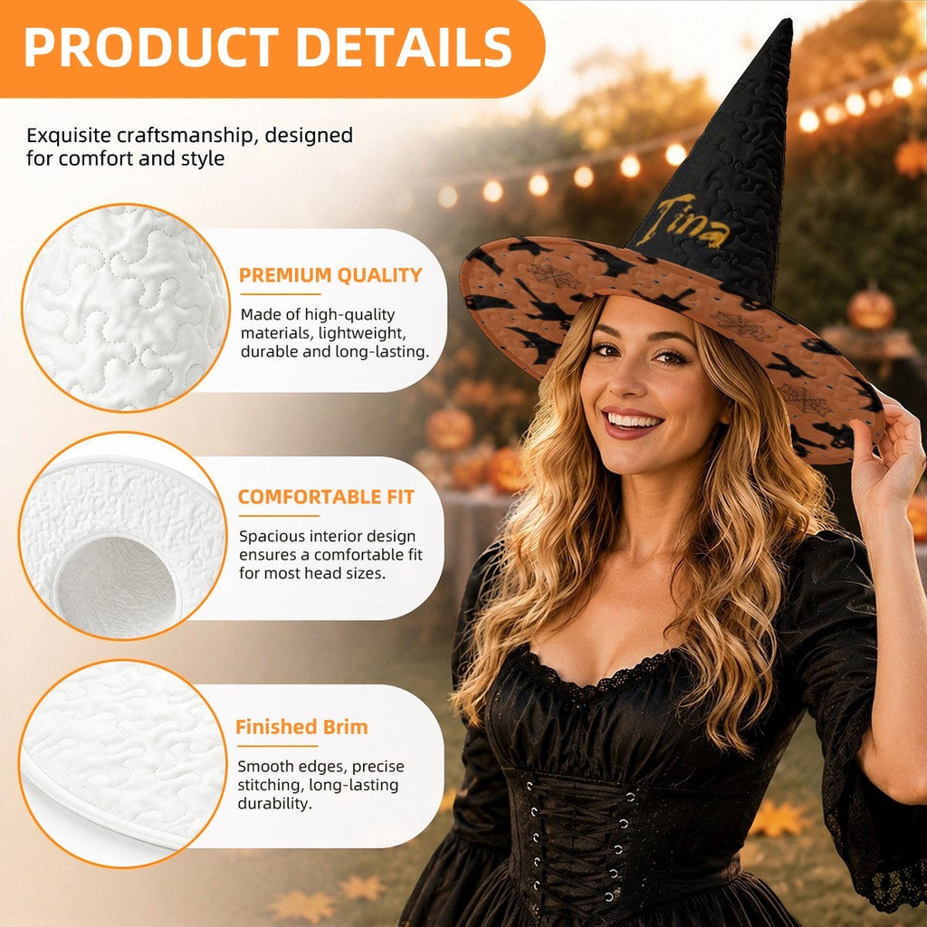 Personalized Halloween Witch Hat with Custom Name – Flying Witches Pattern Costume Hat for Adults & Teens