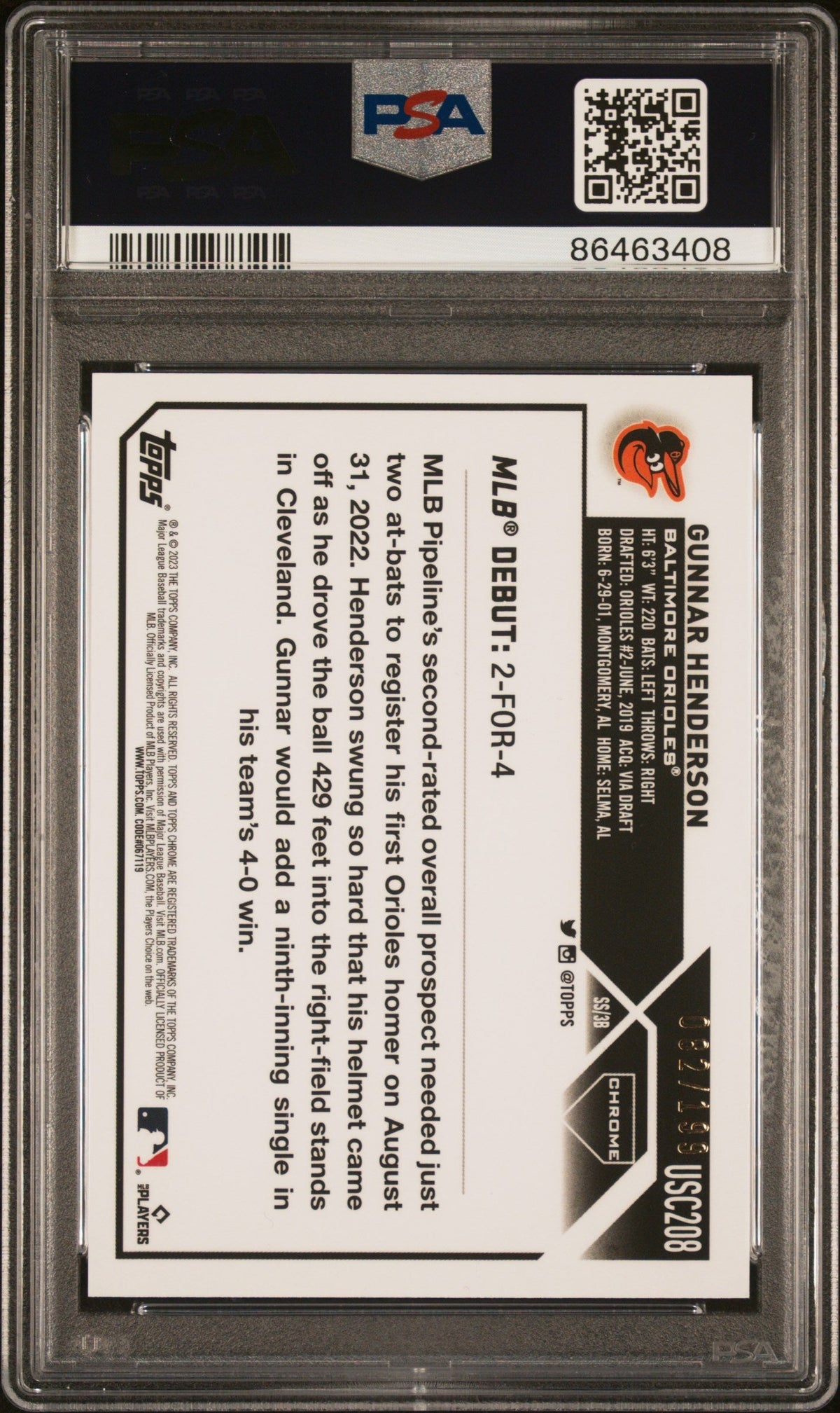 Graded 2023 Topps Chrome Update Gunnar Henderson #USC208 Aqua #/199 Rookie RC Baseball Card PSA 10 Gem Mint