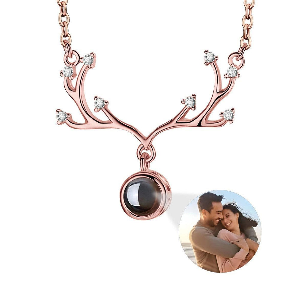 Custom Photo Projection Necklace – Antler Pendant with Secret ‘I Love You’ Message | Rose Gold & Platinum