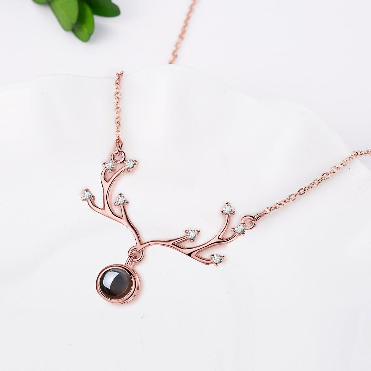 Custom Photo Projection Necklace – Antler Pendant with Secret ‘I Love You’ Message | Rose Gold & Platinum