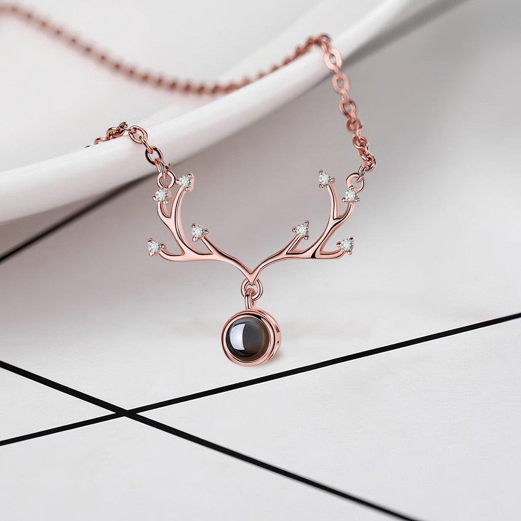 Custom Photo Projection Necklace – Antler Pendant with Secret ‘I Love You’ Message | Rose Gold & Platinum