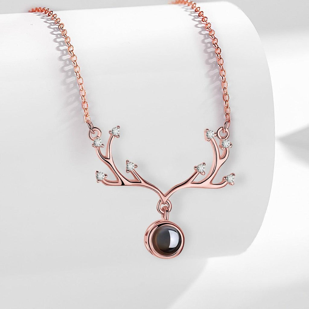 Custom Photo Projection Necklace – Antler Pendant with Secret ‘I Love You’ Message | Rose Gold & Platinum