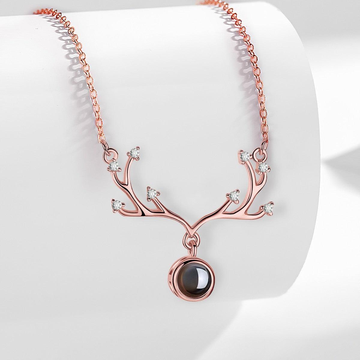 Custom Photo Projection Necklace – Antler Pendant with Secret ‘I Love You’ Message | Rose Gold & Platinum
