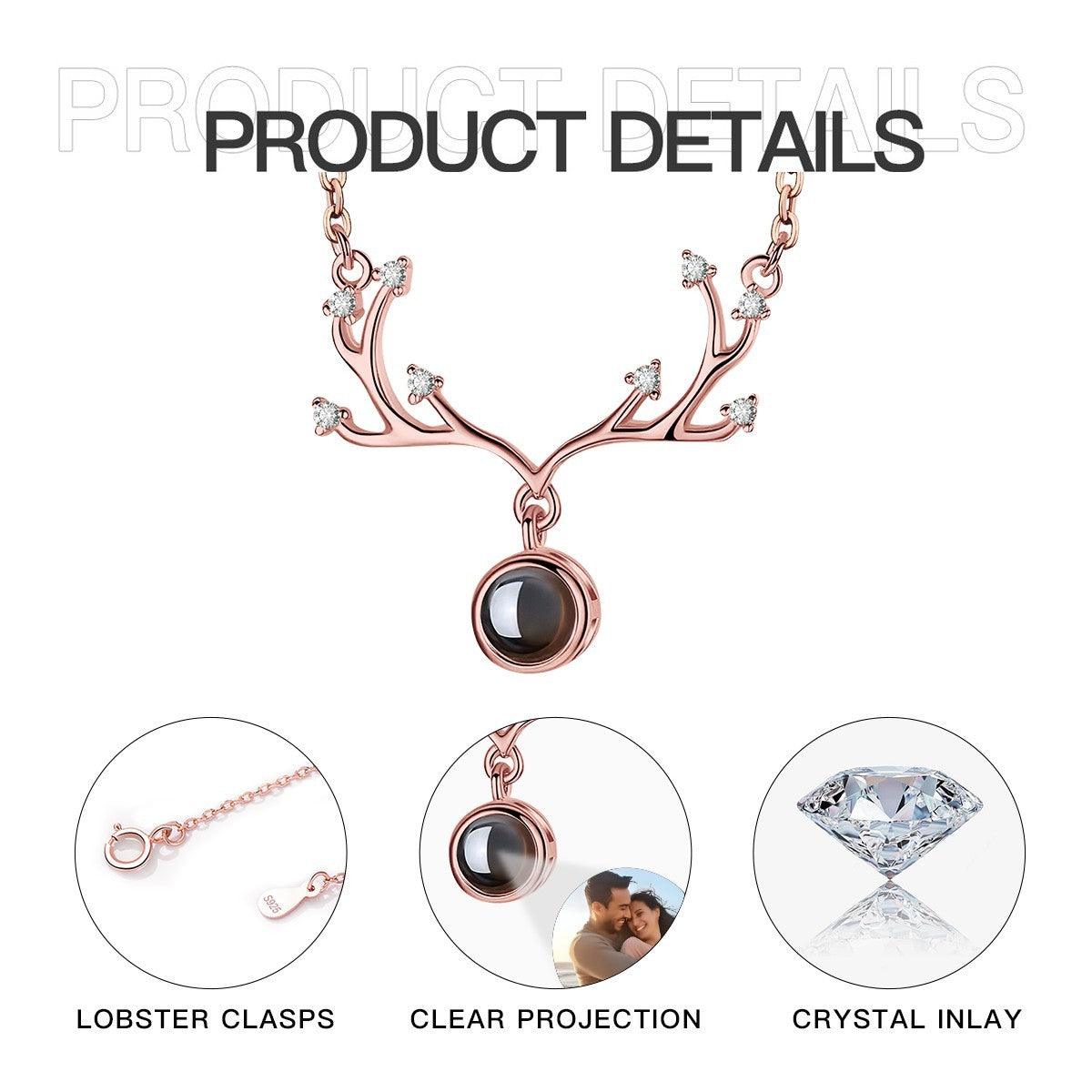 Custom Photo Projection Necklace – Antler Pendant with Secret ‘I Love You’ Message | Rose Gold & Platinum