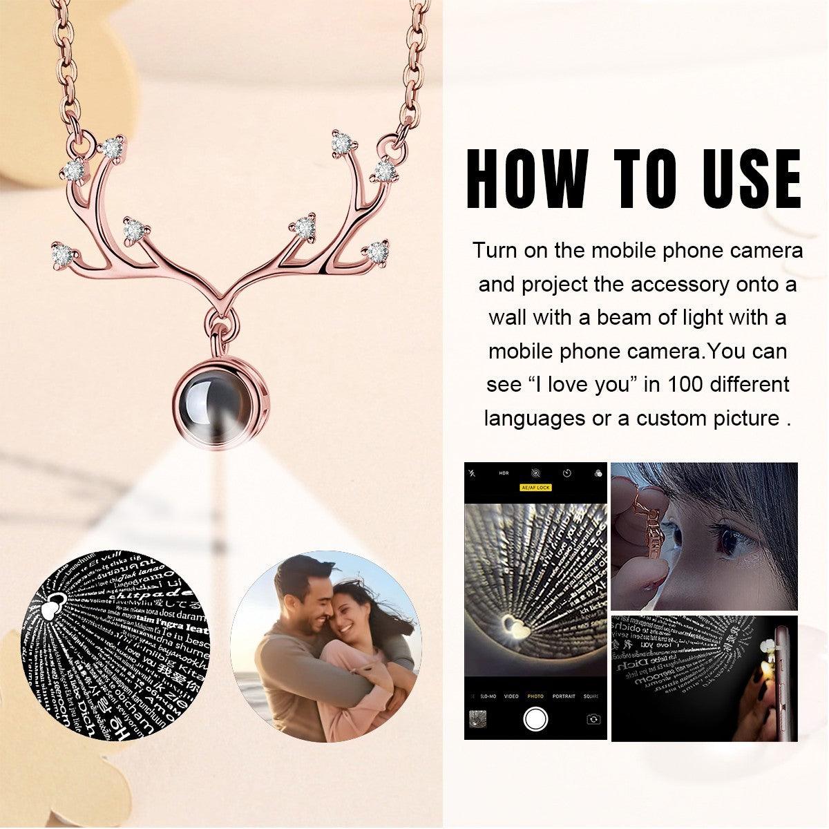 Custom Photo Projection Necklace – Antler Pendant with Secret ‘I Love You’ Message | Rose Gold & Platinum