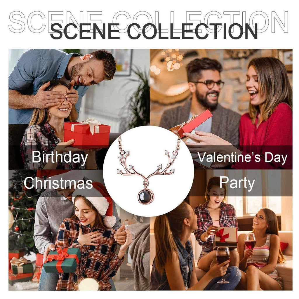 Custom Photo Projection Necklace – Antler Pendant with Secret ‘I Love You’ Message | Rose Gold & Platinum