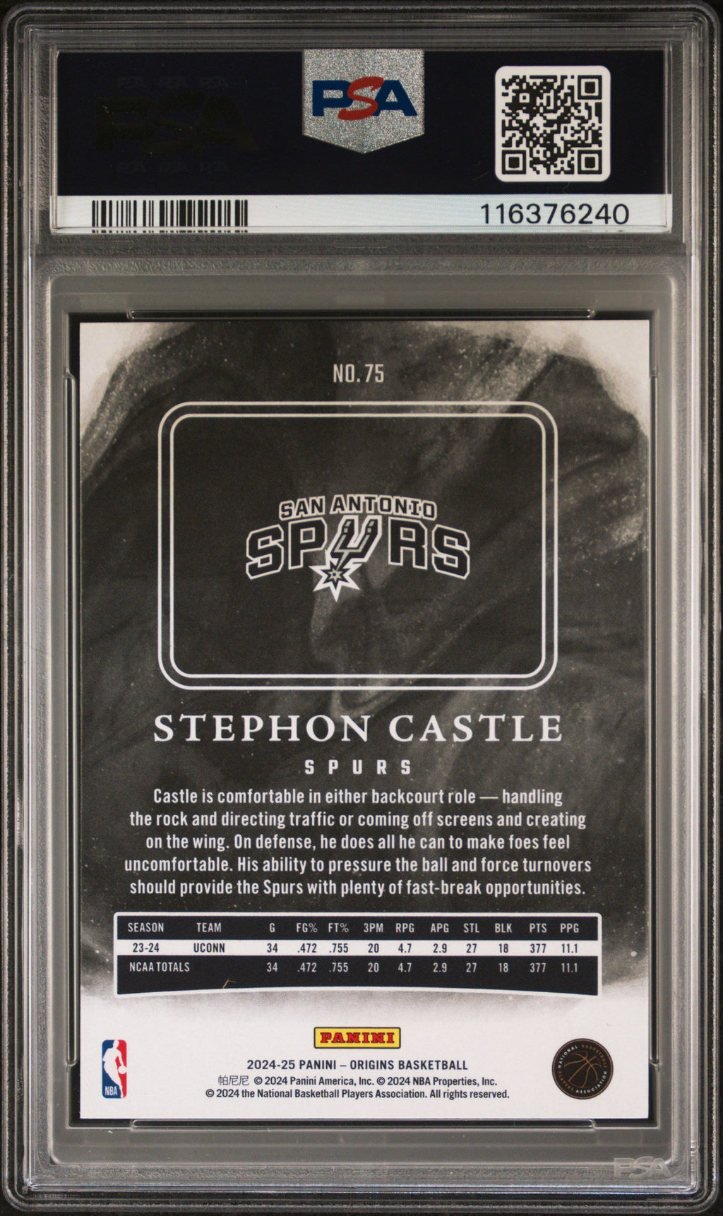 Graded 2024 Panini Origins Stephon Castle #75 Rookie RC Basketball Card PSA 10 Gem Mint