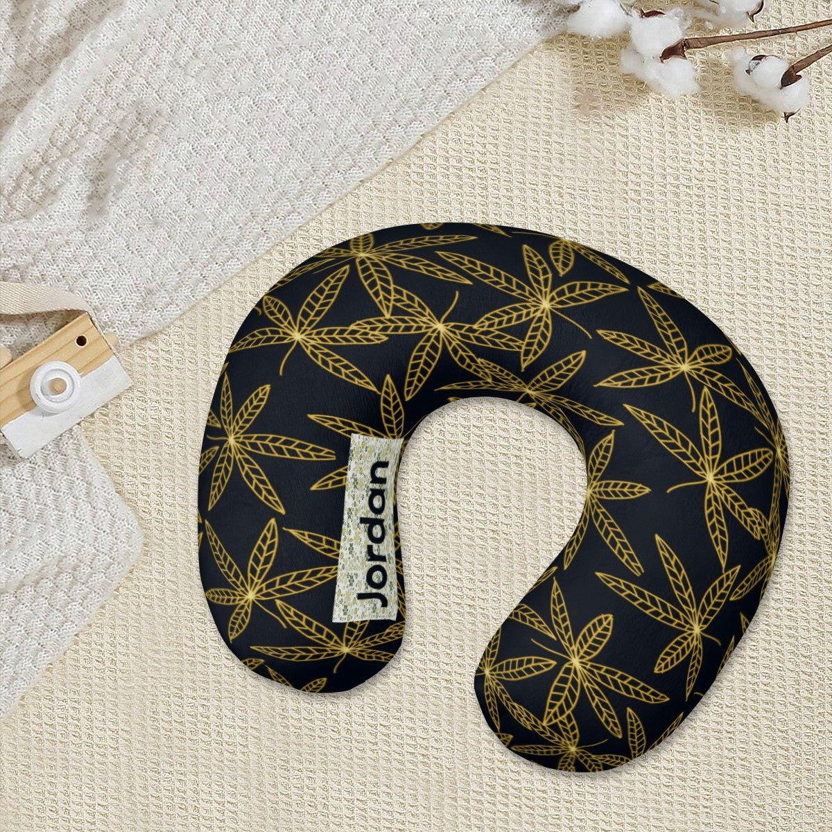 Personalized Gold Botanical Leaf Travel Neck Pillow | Custom Name Gift