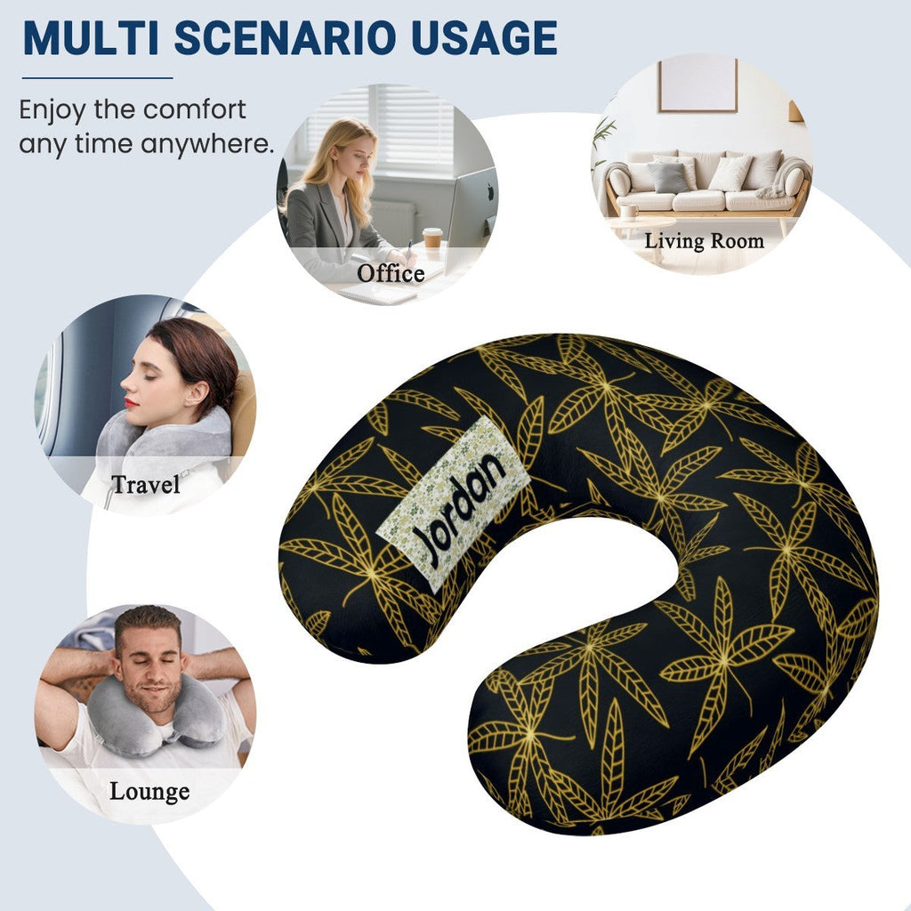 Personalized Gold Botanical Leaf Travel Neck Pillow | Custom Name Gift