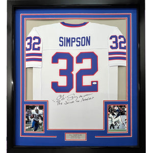 Framed Autographed/Signed OJ O.J. Simpson 35x39 The Juice Buffalo White Football Jersey JSA COA