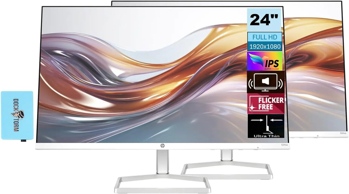 HP Series 5 524sa Monitor w/Speakers 94C36AA#ABA Bundle w/Docztorm Dock 24" FHD IPS (1920x1080) Display 1x HDMI Flicker-Free Ideal for Home & Business White & Silver (2024 Latest Model) (2 Pack)