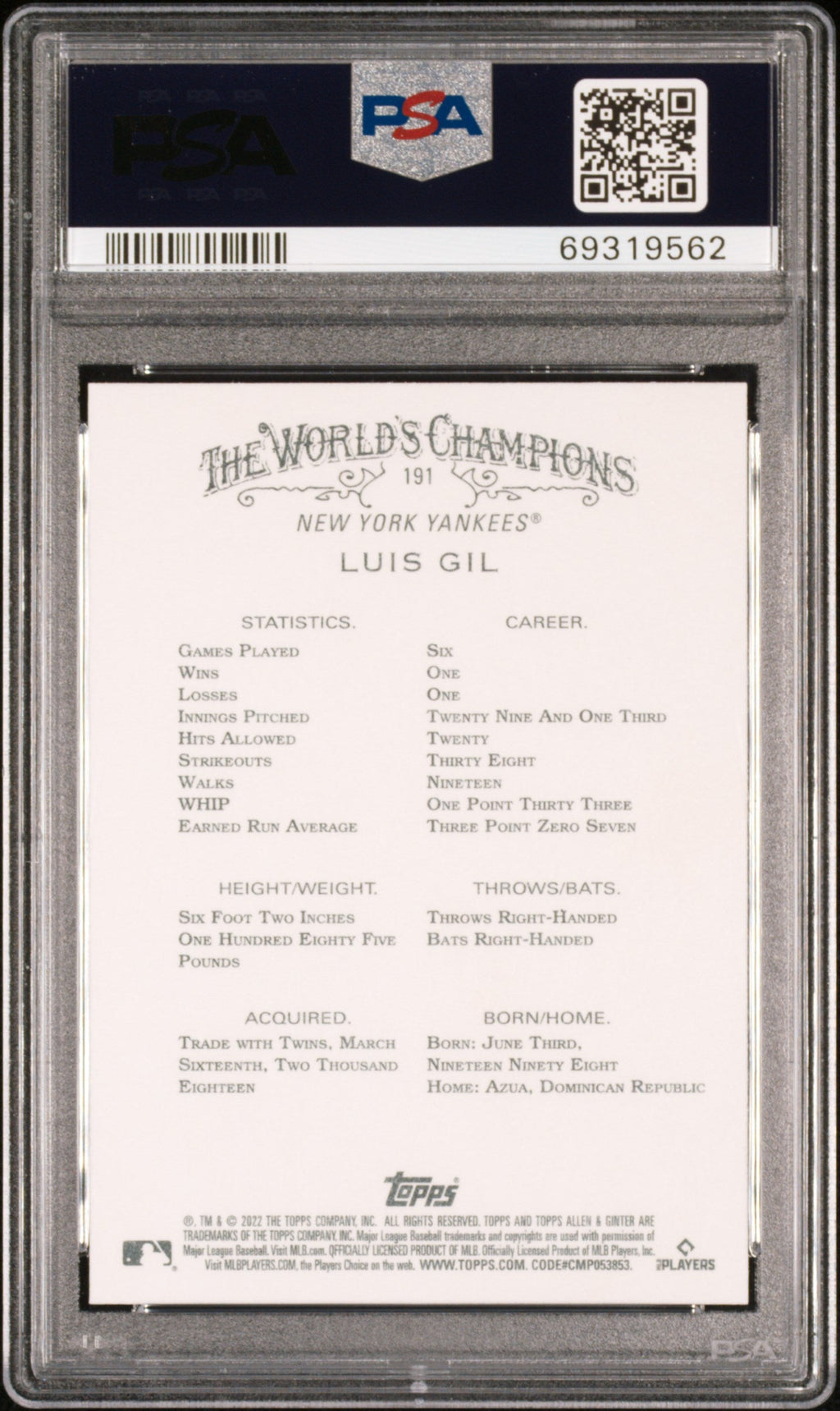 Graded 2022 Topps Allen & Ginter Luis Gil #191 Rookie RC Baseball Card PSA 10 Gem Mint
