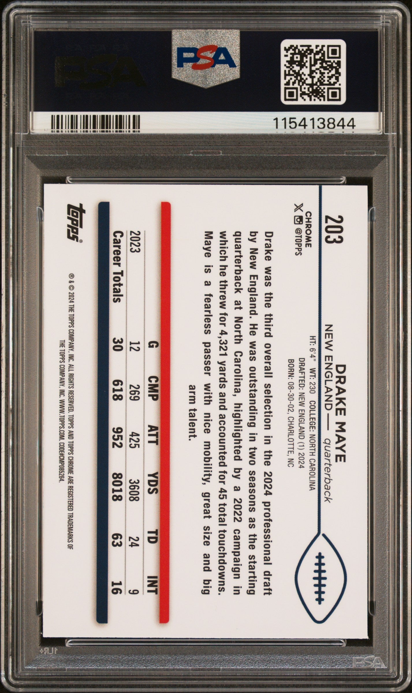 Graded 2024 Topps Chrome Drake Maye #203 Rookie RC Football Card PSA 9 Mint