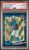 Graded 2023 Panini Donruss Optic Jahmyr Gibbs #236 Purple Shock Rookie RC Football Card PSA 10 Gem Mint