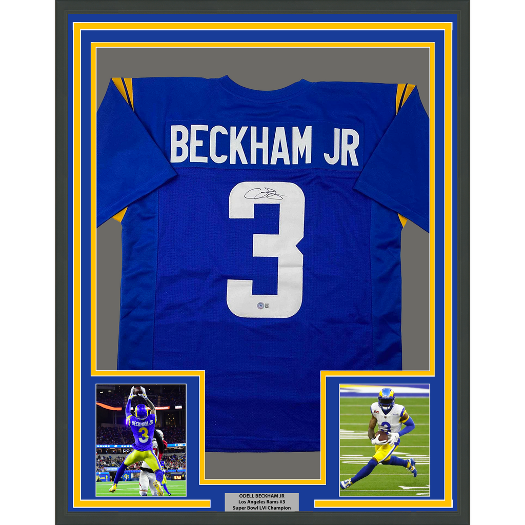 Framed Autographed/Signed Odell Beckham Jr. 35x39 OBJ Los Angeles LA Blue Football Jersey Beckett BAS COA