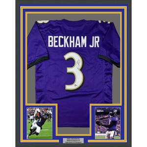 Framed Autographed/Signed Odell Beckham Jr. 35x39 Baltimore Purple Football Jersey Beckett BAS COA