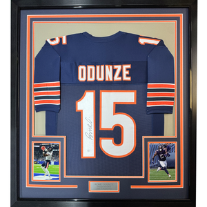 Framed Autographed/Signed Rome Odunze 35x39 Chicago Blue Football Jersey JSA COA
