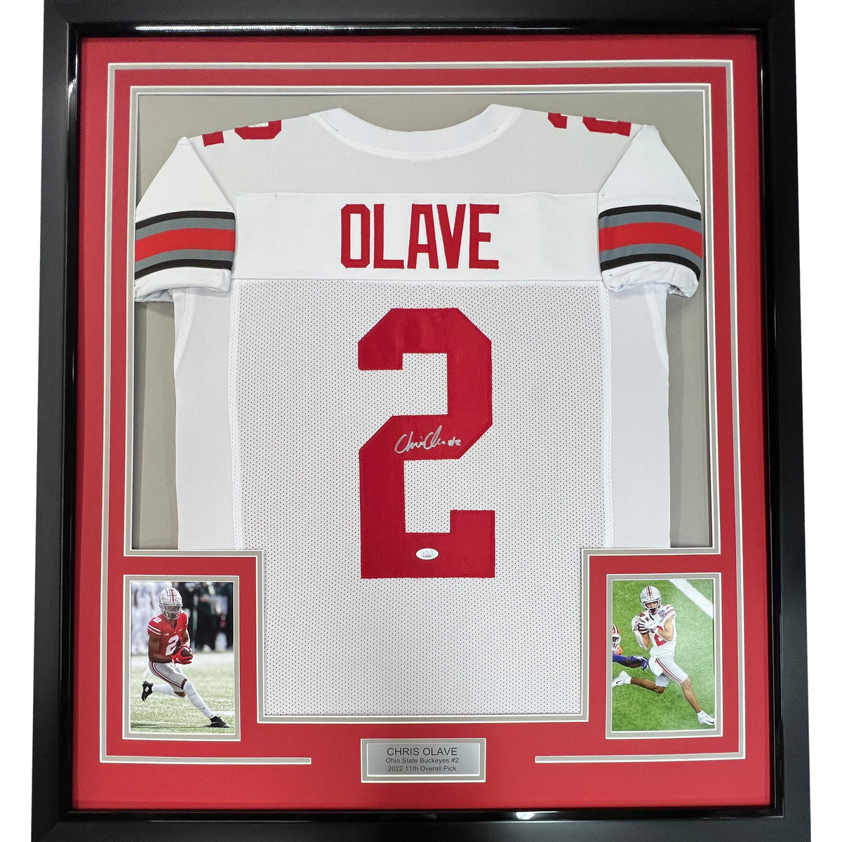 Framed Autographed/Signed Chris Olave 35x39 Ohio State White College Football Jersey JSA COA
