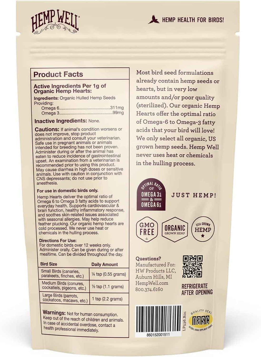 Organic Hemp Hearts for Birds, 8oz Feather Support