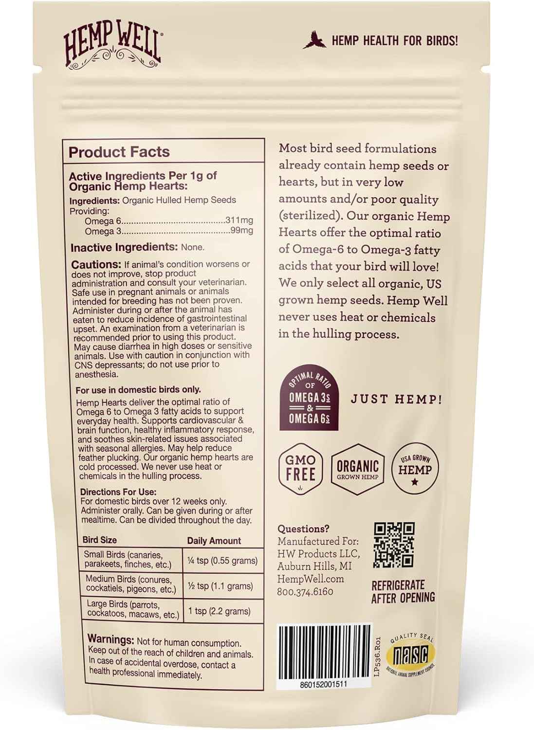 Organic Hemp Hearts for Birds, 8oz Feather Support
