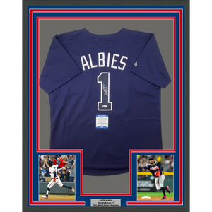 Framed Autographed/Signed Ozzie Albies 35x39 Atlanta Braves Blue Majestic Baseball Jersey Beckett BAS COA