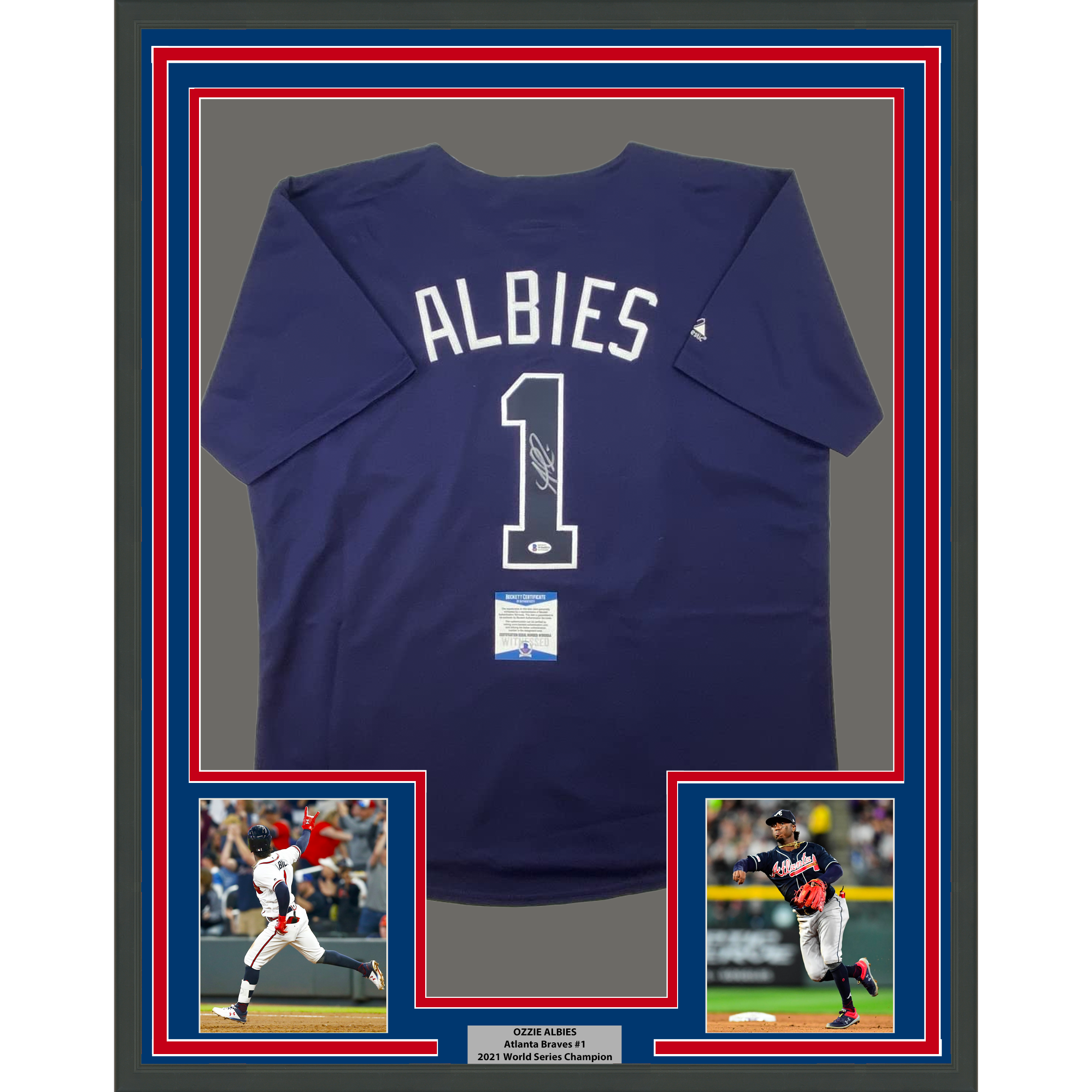 Framed Autographed/Signed Ozzie Albies 35x39 Atlanta Braves Blue Majestic Baseball Jersey Beckett BAS COA