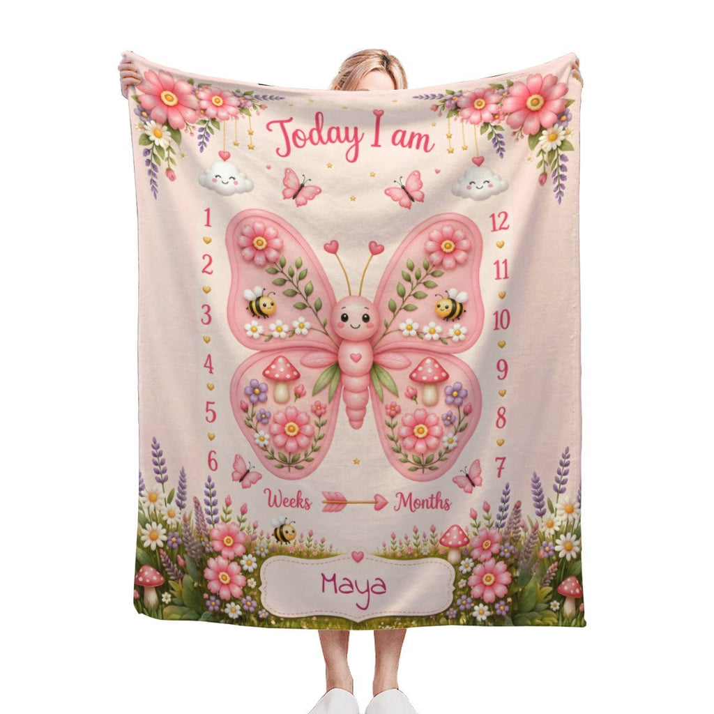 Personalized Baby Weekly & Monthly Milestone Blanket – Photoshoot Prop with Butterfly Garden Design