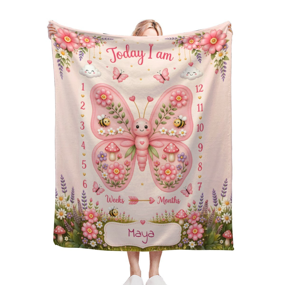 Personalized Baby Weekly & Monthly Milestone Blanket – Photoshoot Prop with Butterfly Garden Design