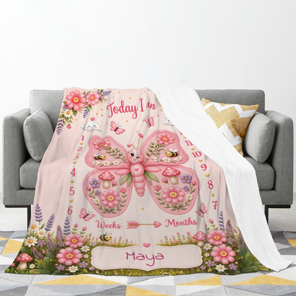 Personalized Baby Weekly & Monthly Milestone Blanket – Photoshoot Prop with Butterfly Garden Design