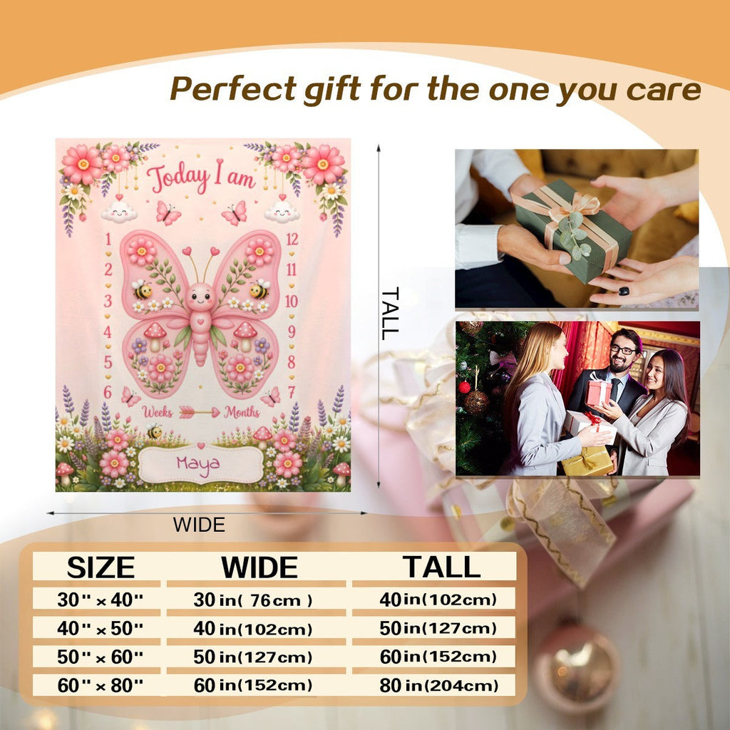 Personalized Baby Weekly & Monthly Milestone Blanket – Photoshoot Prop with Butterfly Garden Design