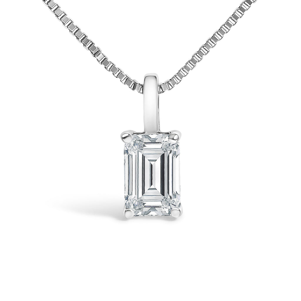 14K White Gold 3/4 Cttw Lab Grown Emerald Cut Solitaire Diamond Pendant Necklace